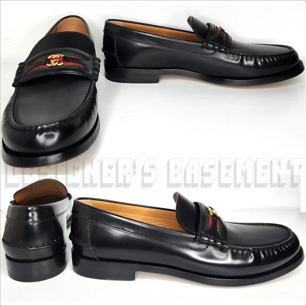 Gucci 13 black KAVEH polished Leather DOUBLE G WEB detail Loafer Shoes NIB - Picture 5 of 13